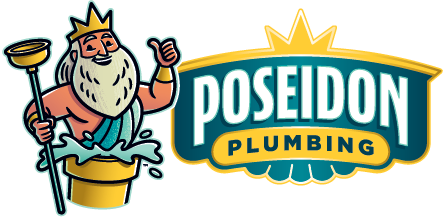 Poseidon Plumbing logo featuring our mascot holding a plunger
